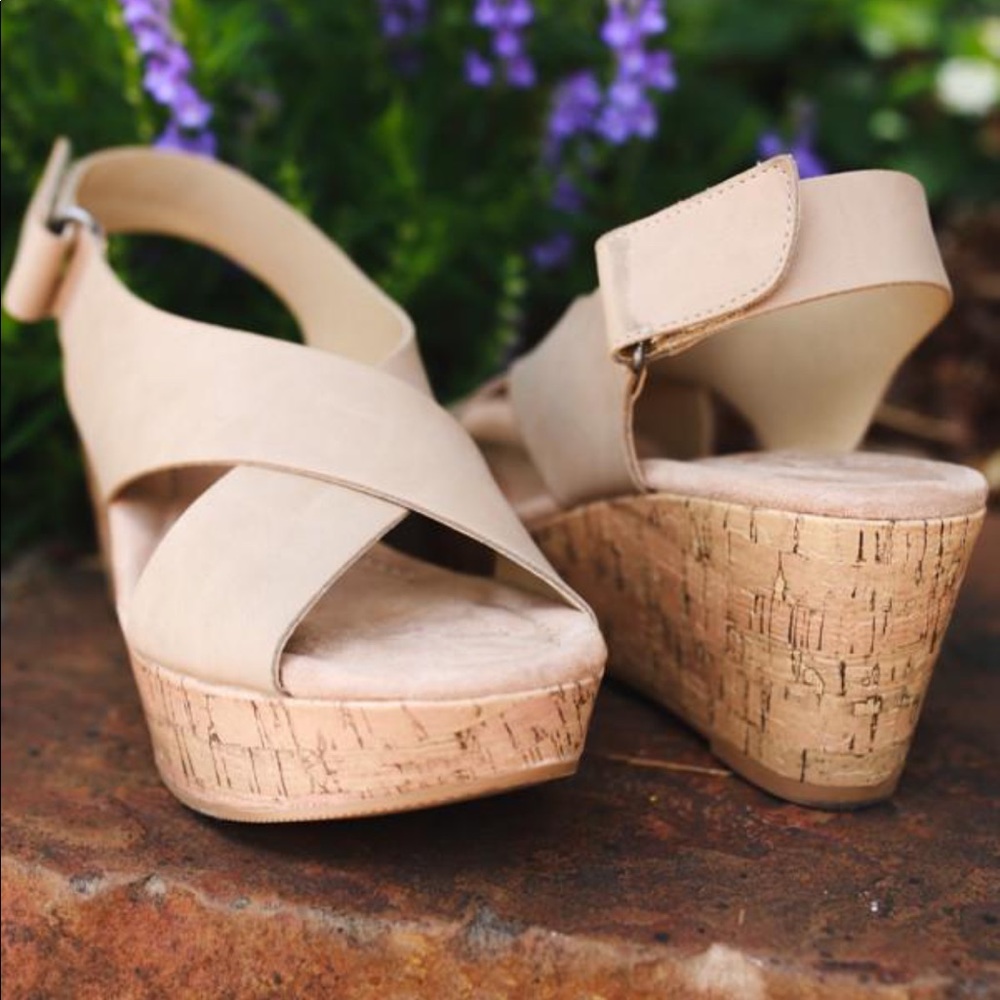 Nude Slingback Platform Cork Wedge Sandals - Picture 4 of 5